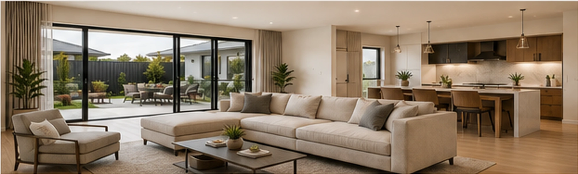 Light-filled open-plan living and dining space opening to a landscaped outdoor area